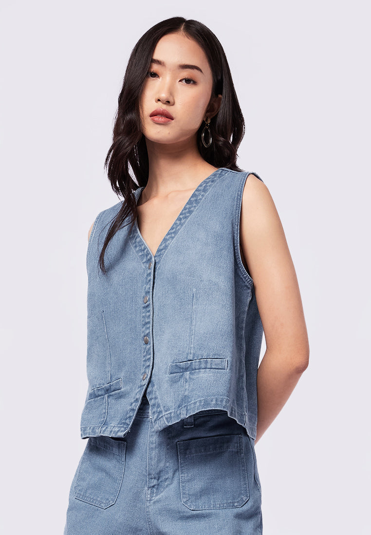 Denim Vest with Fake Pocket Details