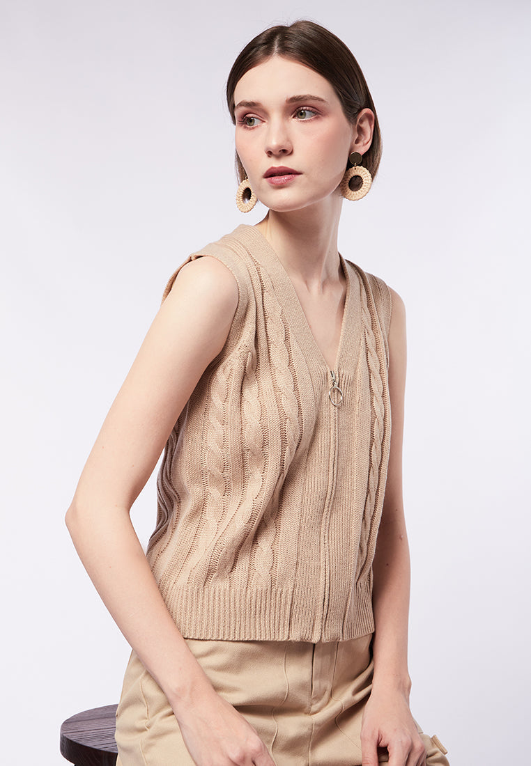 V-Neck Cable Knit Vest with Opening
