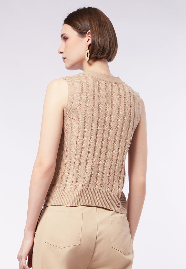 V-Neck Cable Knit Vest with Opening