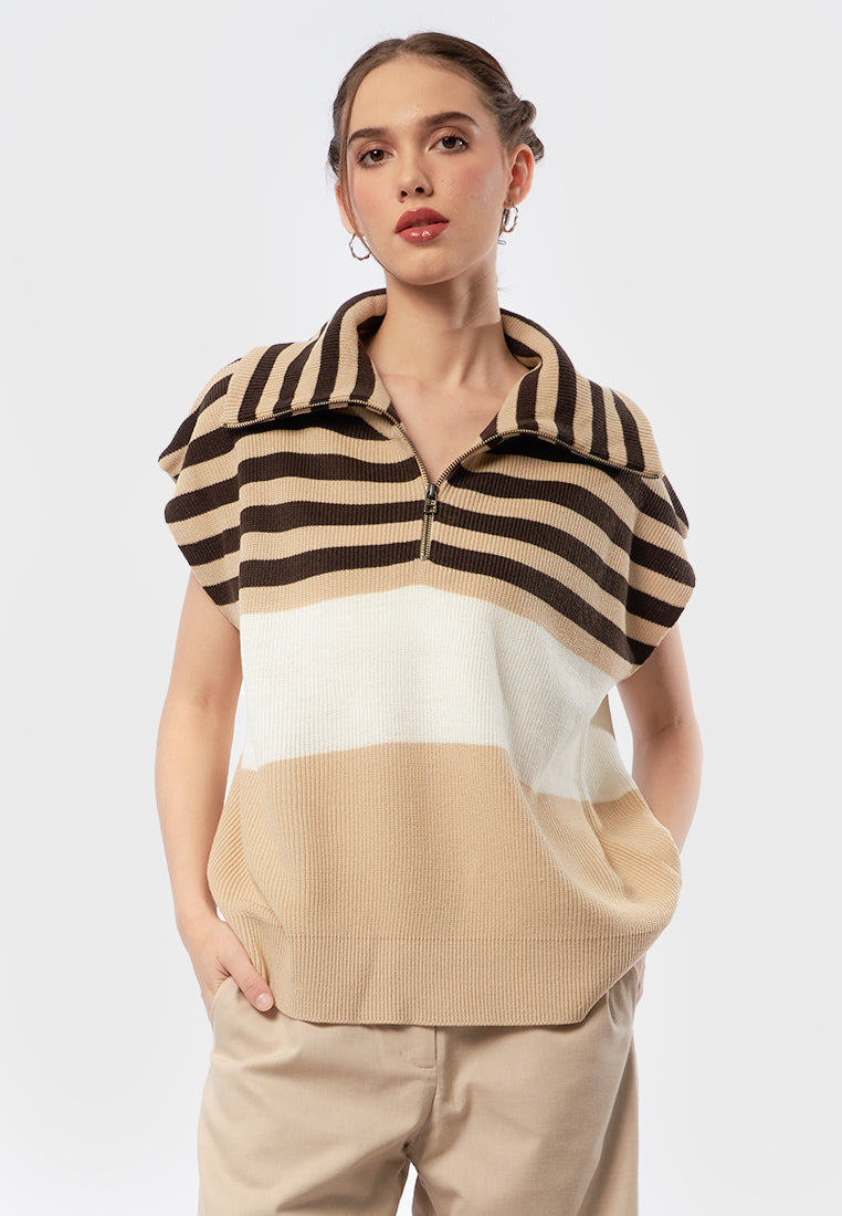 Cap Sleeve Zip Up Knit Top