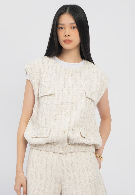 Sleeveless Tweed Top with Button