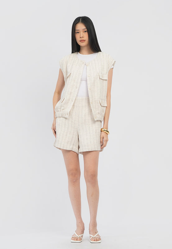 Sleeveless Tweed Top with Button