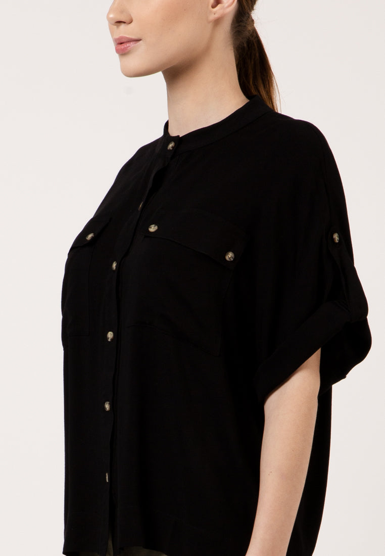 Mandarin Collar Short Sleeve Blouse