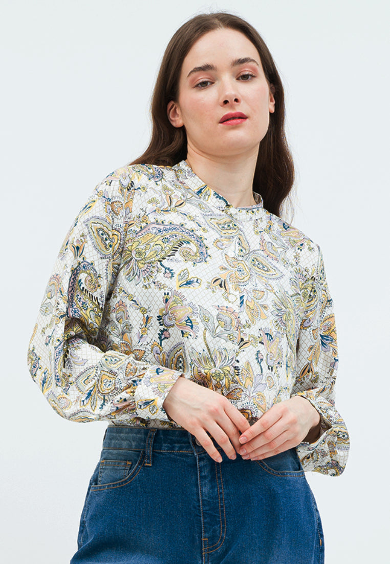 Printed Loose Blouse with Puff Sleeves
