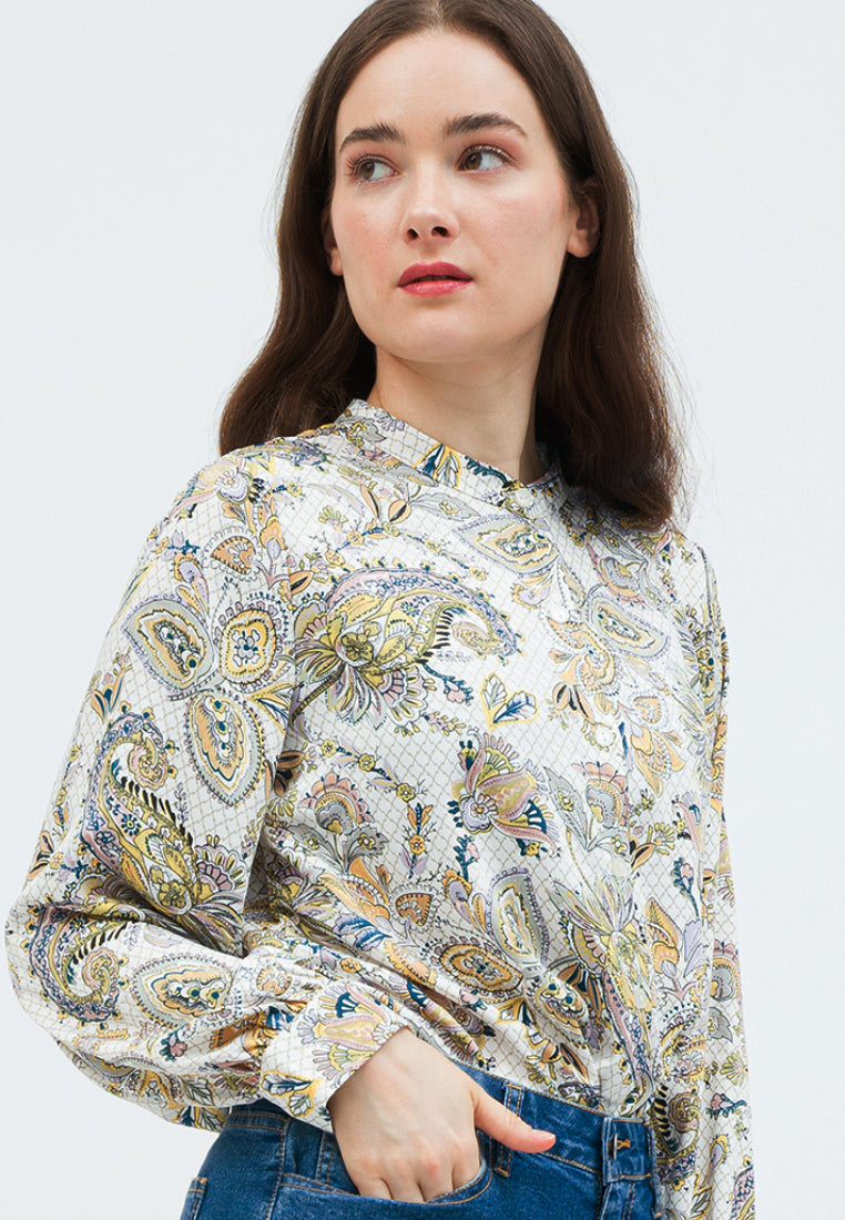 Printed Loose Blouse with Puff Sleeves
