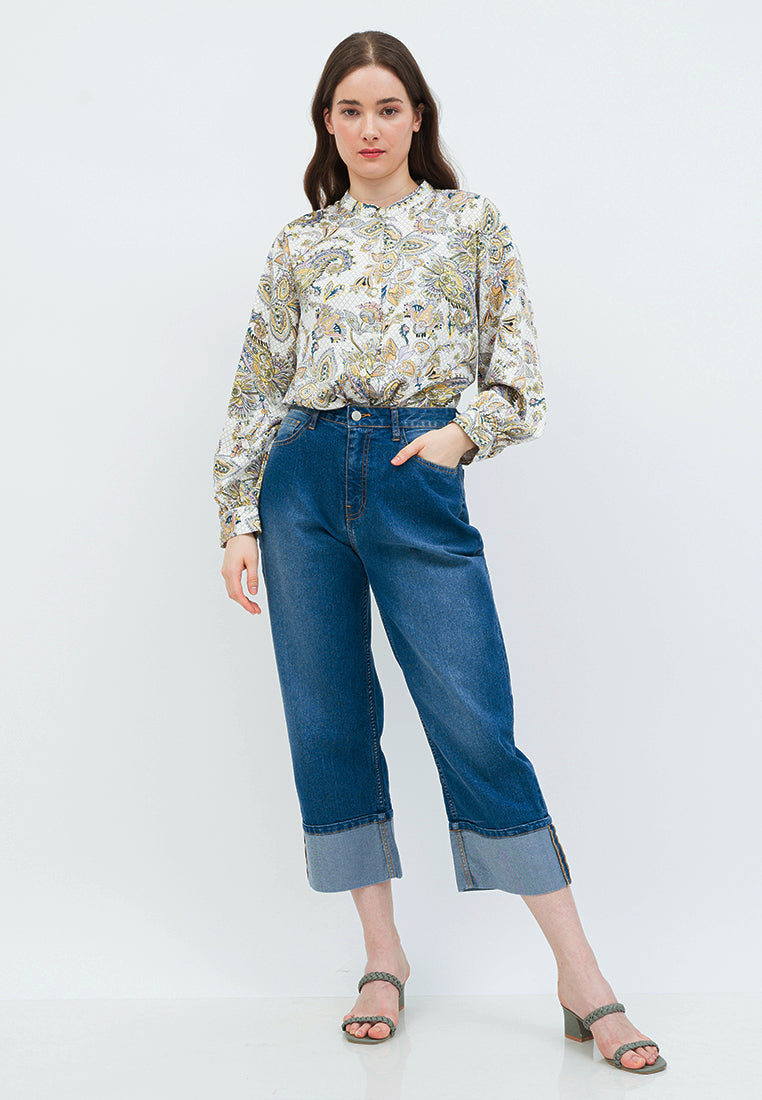 Printed Loose Blouse with Puff Sleeves