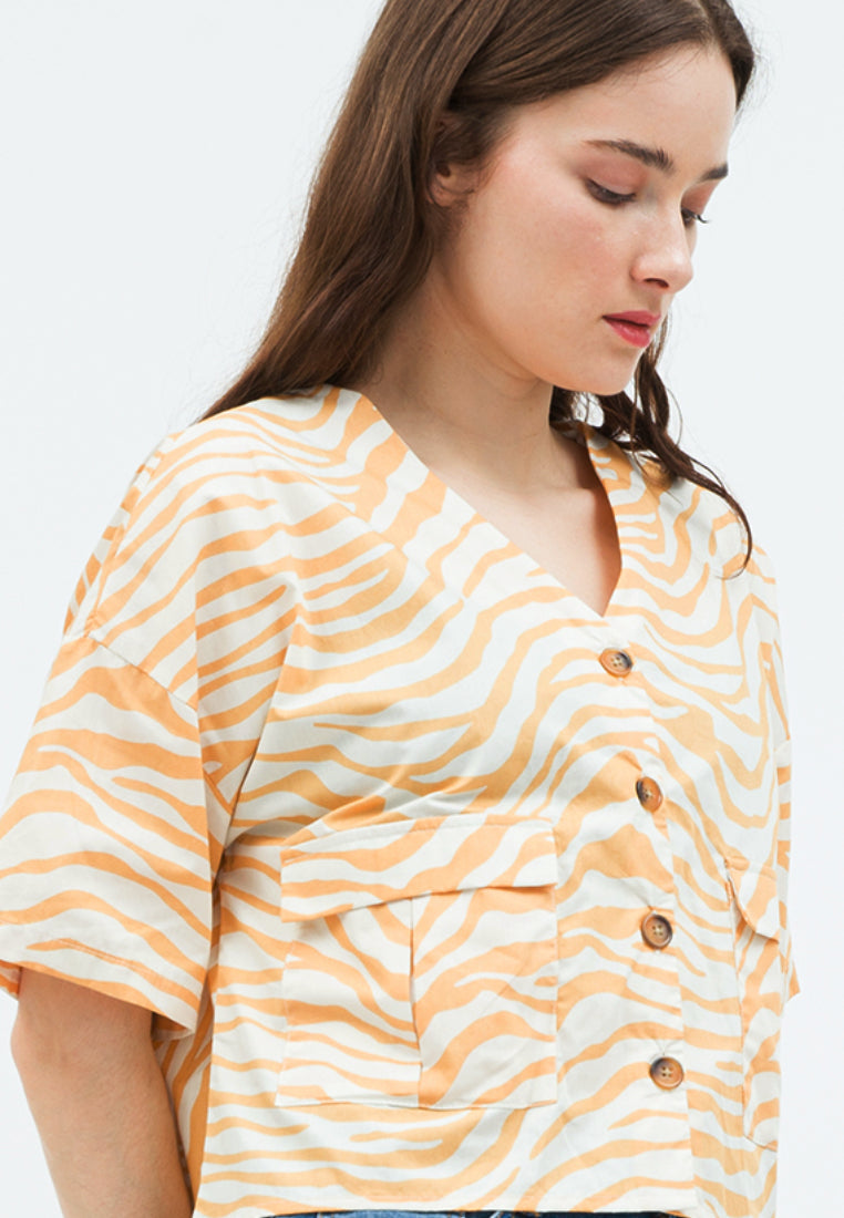Printed V-neck Crop Blouse