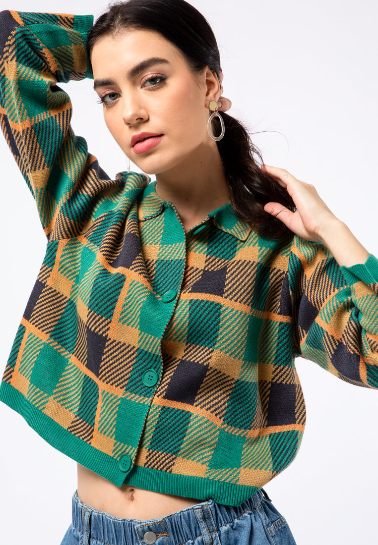 Checked Crop Knit Cardigan