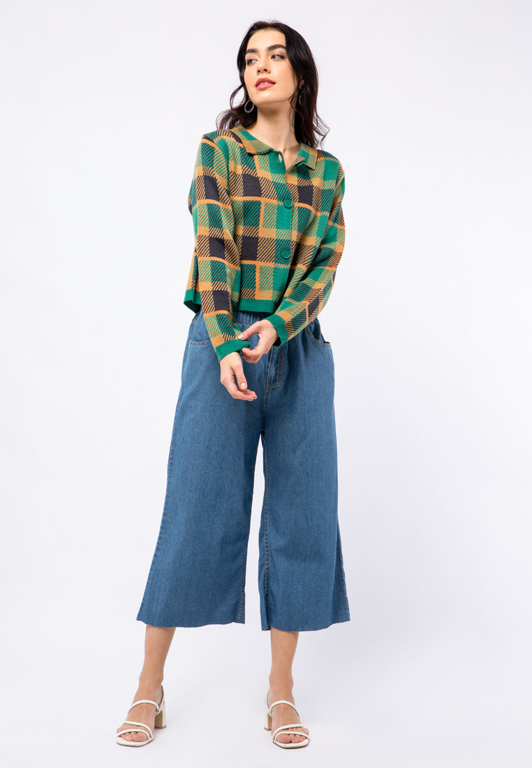 Checked Crop Knit Cardigan