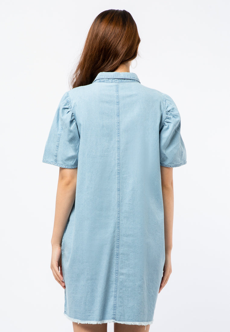Denim Shift Dress with Puff Sleeves