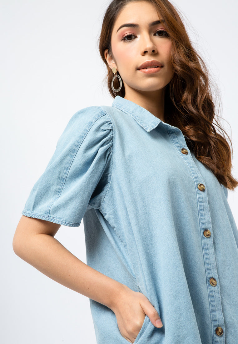 Denim Shift Dress with Puff Sleeves