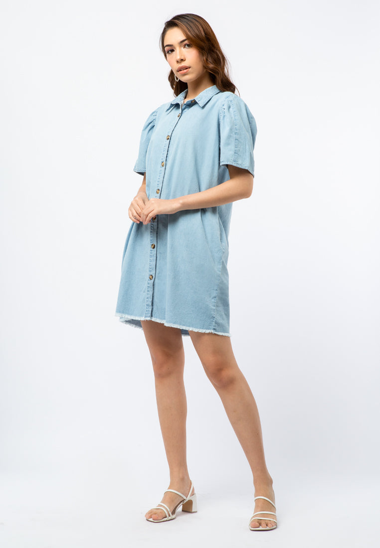 Denim Shift Dress with Puff Sleeves
