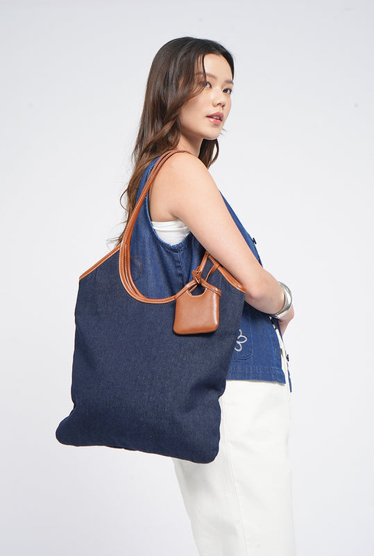 Leather Detail Denim Tote Bag
