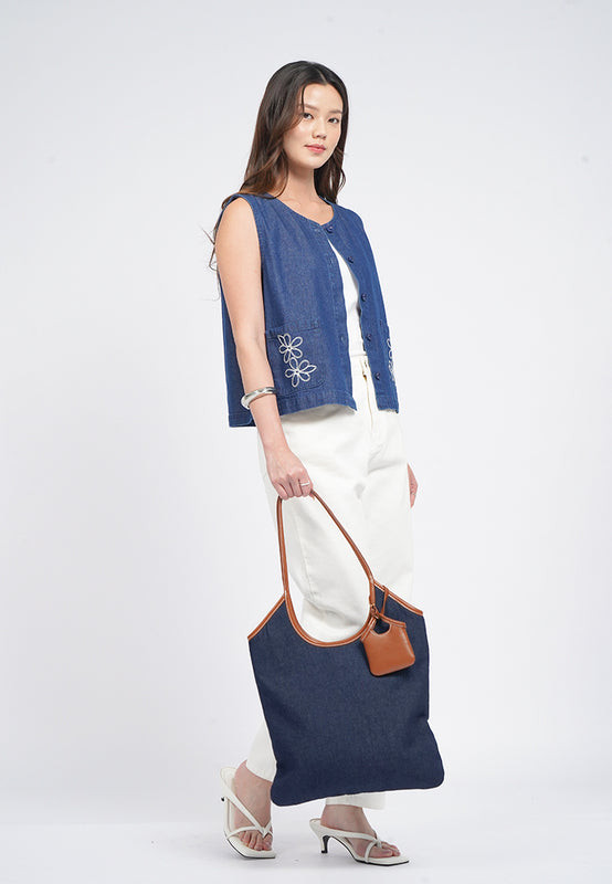 Leather Detail Denim Tote Bag