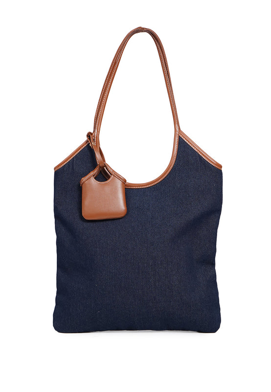 Leather Detail Denim Tote Bag