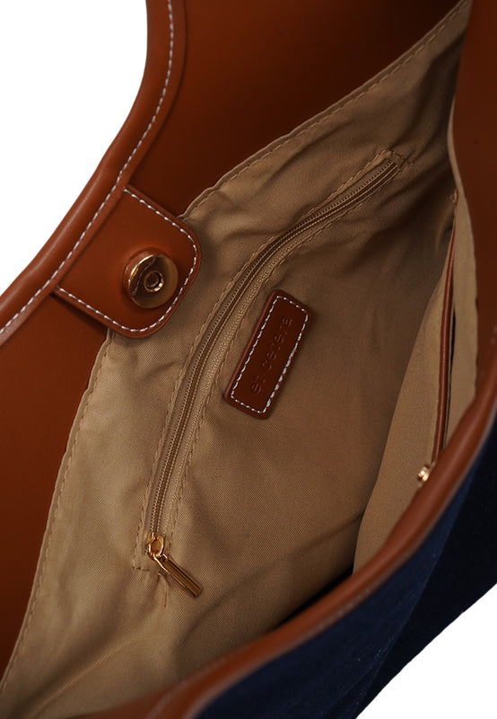 Leather Detail Denim Tote Bag