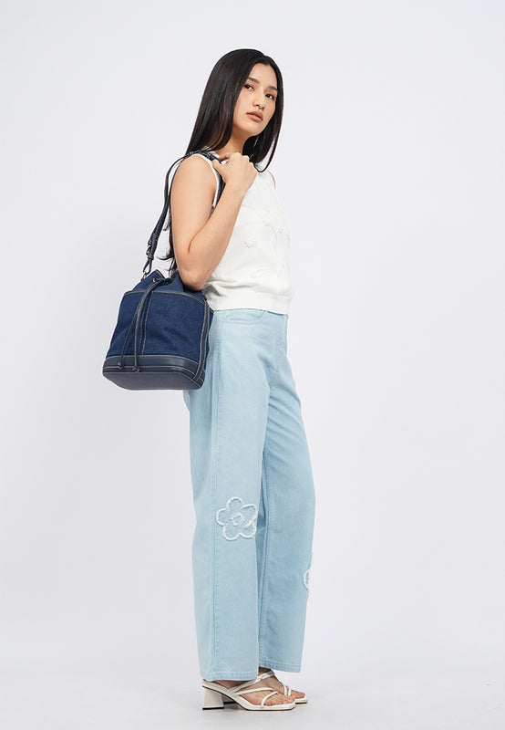 Denim Drawstring Bucket Bag