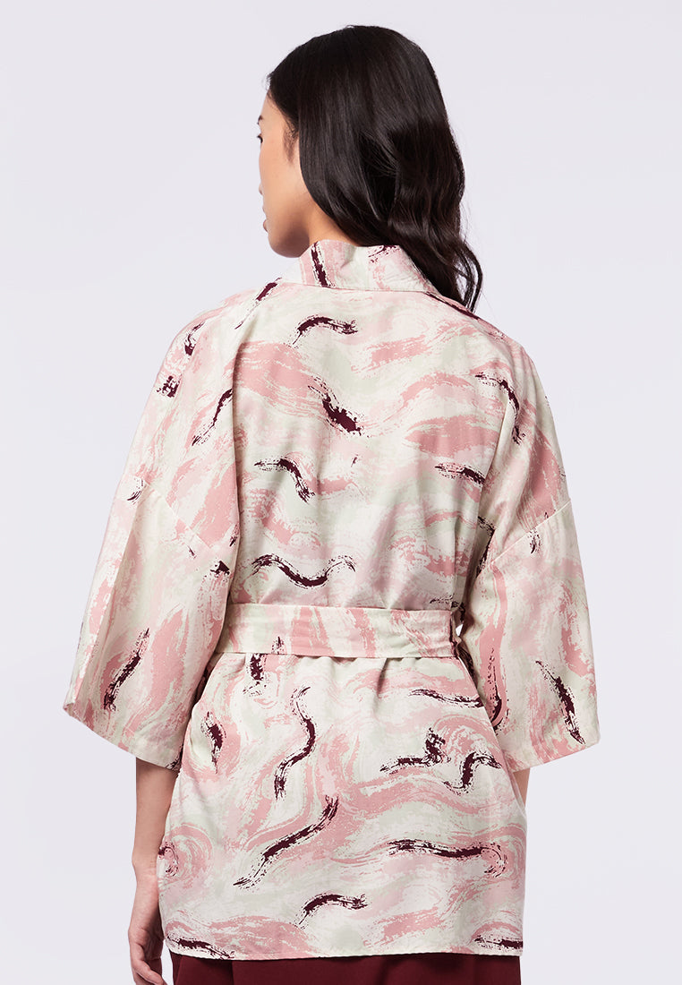 Printed Short Kimono with Ribbon Details