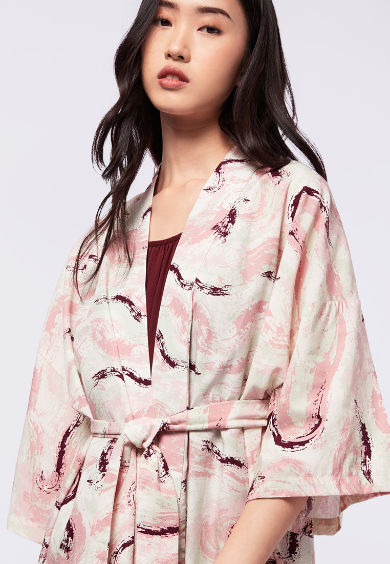 Printed Short Kimono with Ribbon Details