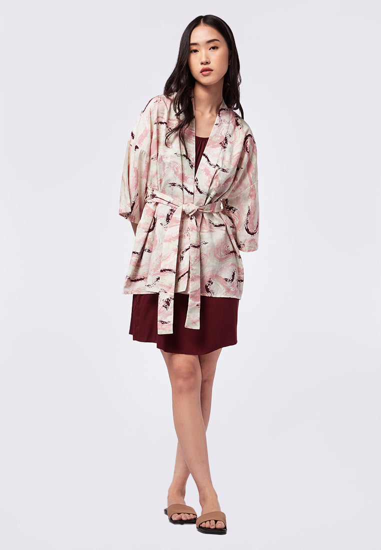 Printed Short Kimono with Ribbon Details