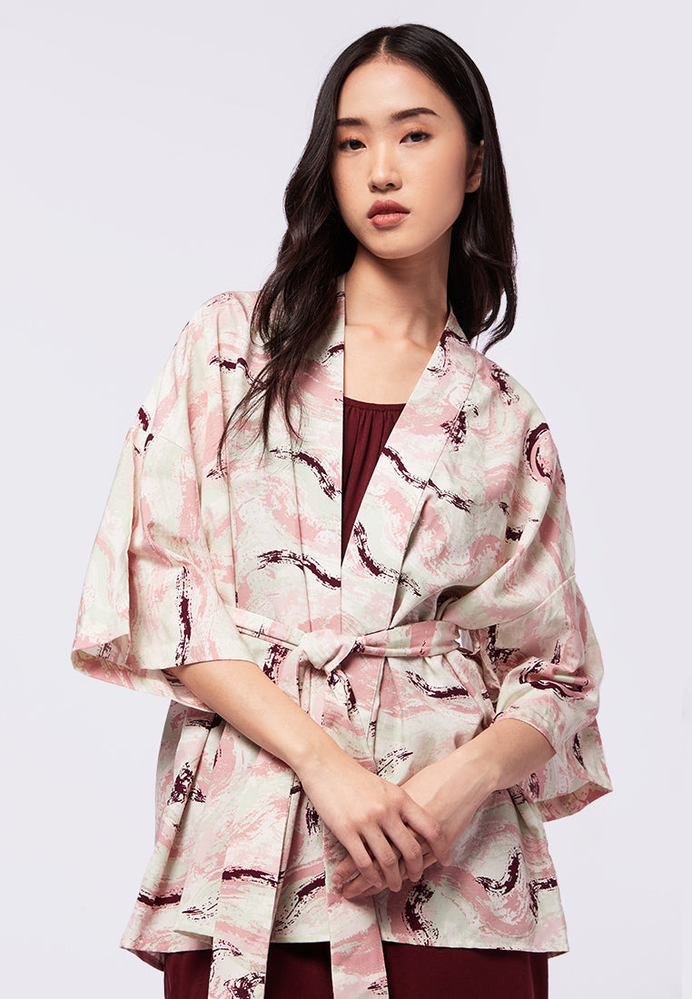 Printed Short Kimono with Ribbon Details