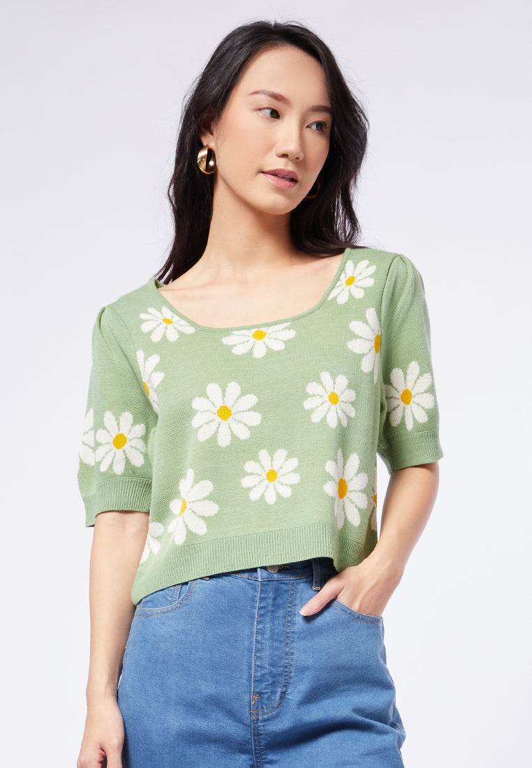 Puff Sleeve Printed Knit Top