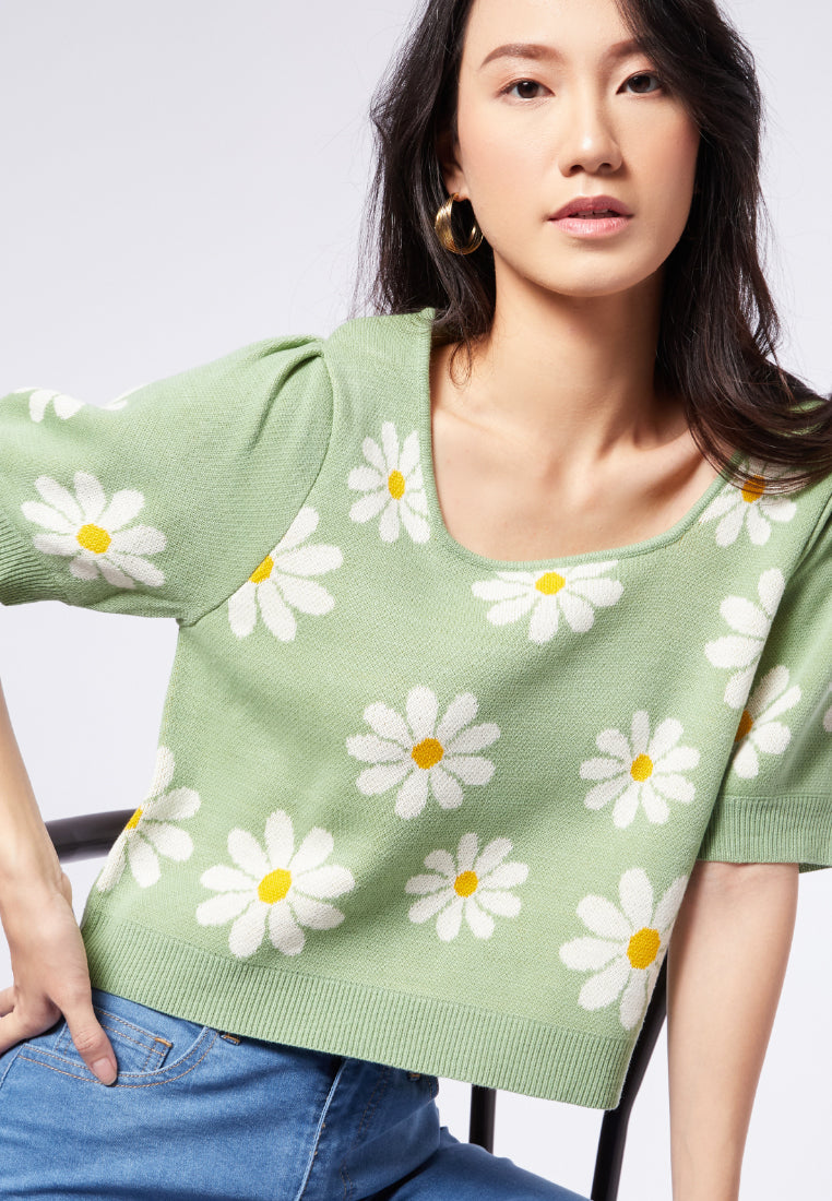 Puff Sleeve Printed Knit Top
