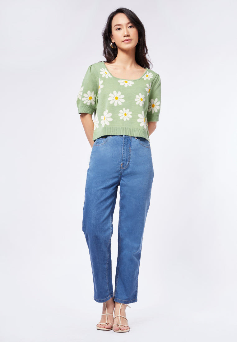 Puff Sleeve Printed Knit Top