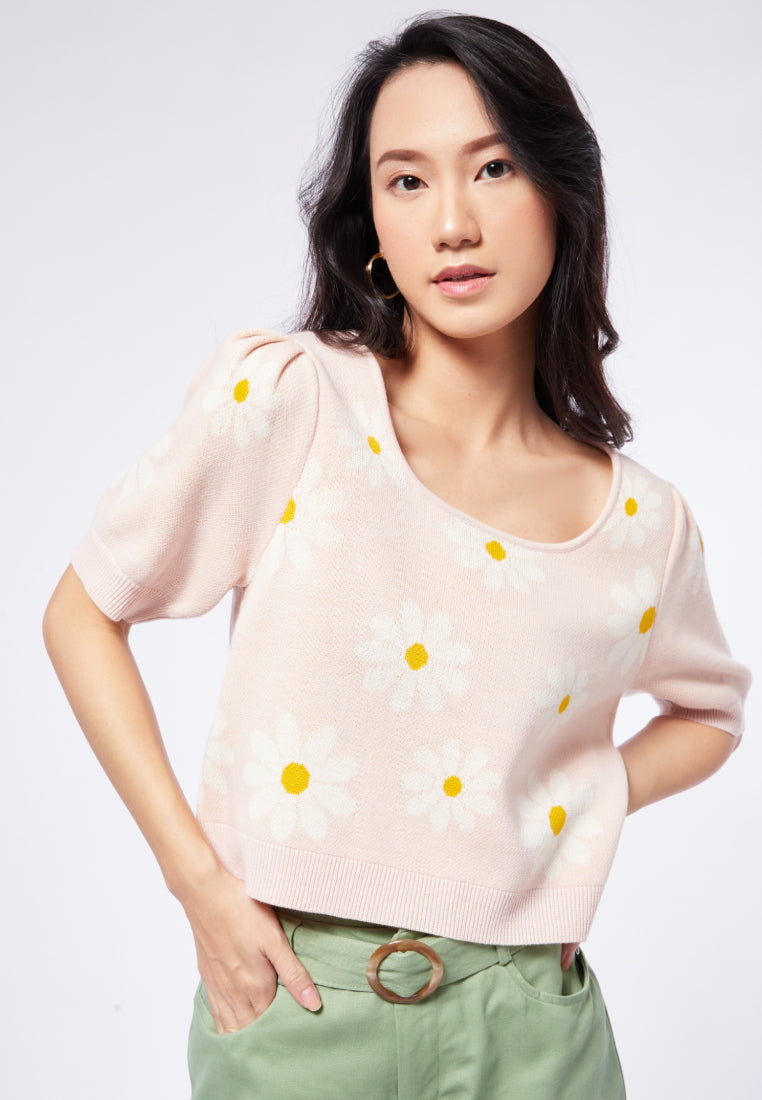 Puff Sleeve Printed Knit Top