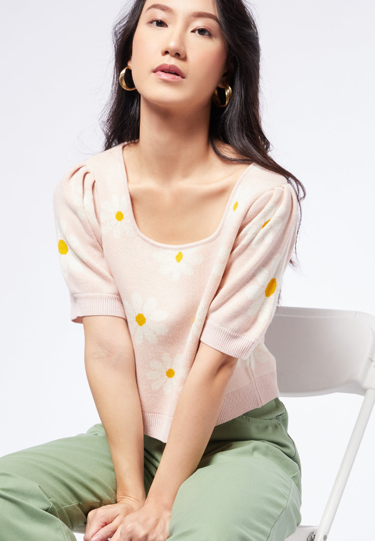 Puff Sleeve Printed Knit Top