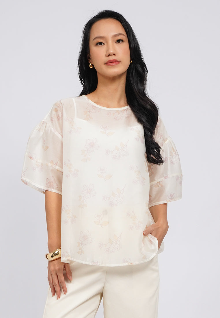 Printed Wide Sleeve Sheer Blouse