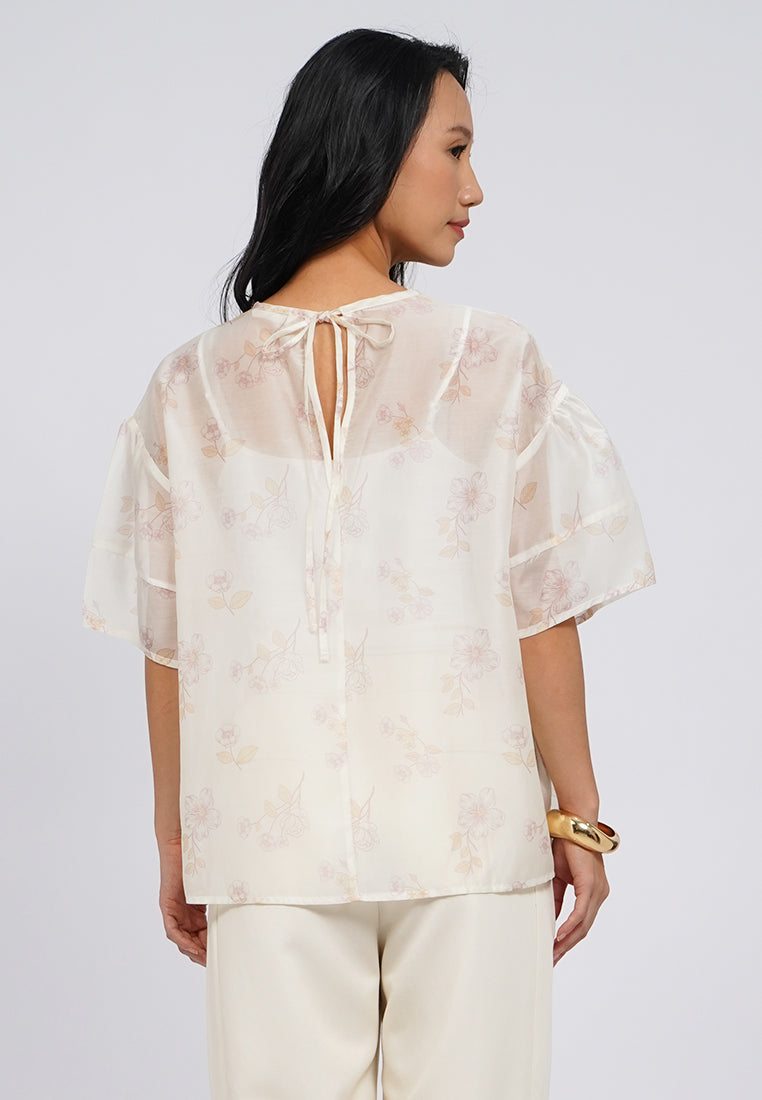 Printed Wide Sleeve Sheer Blouse