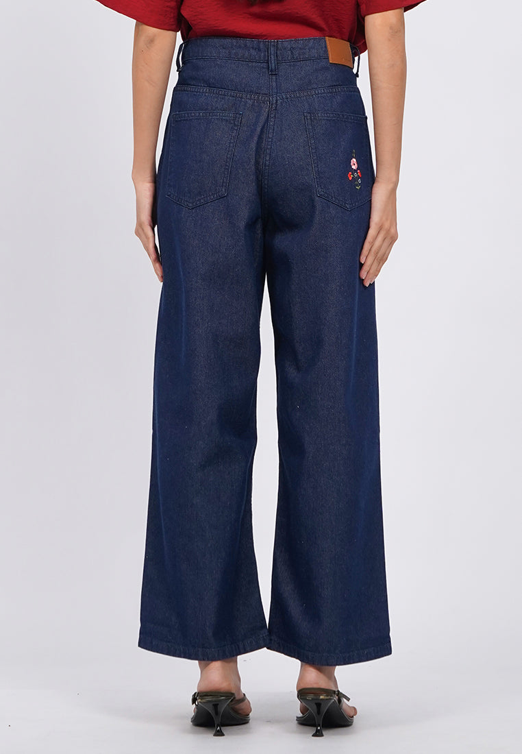 Contrast Embroidered Denim Pants