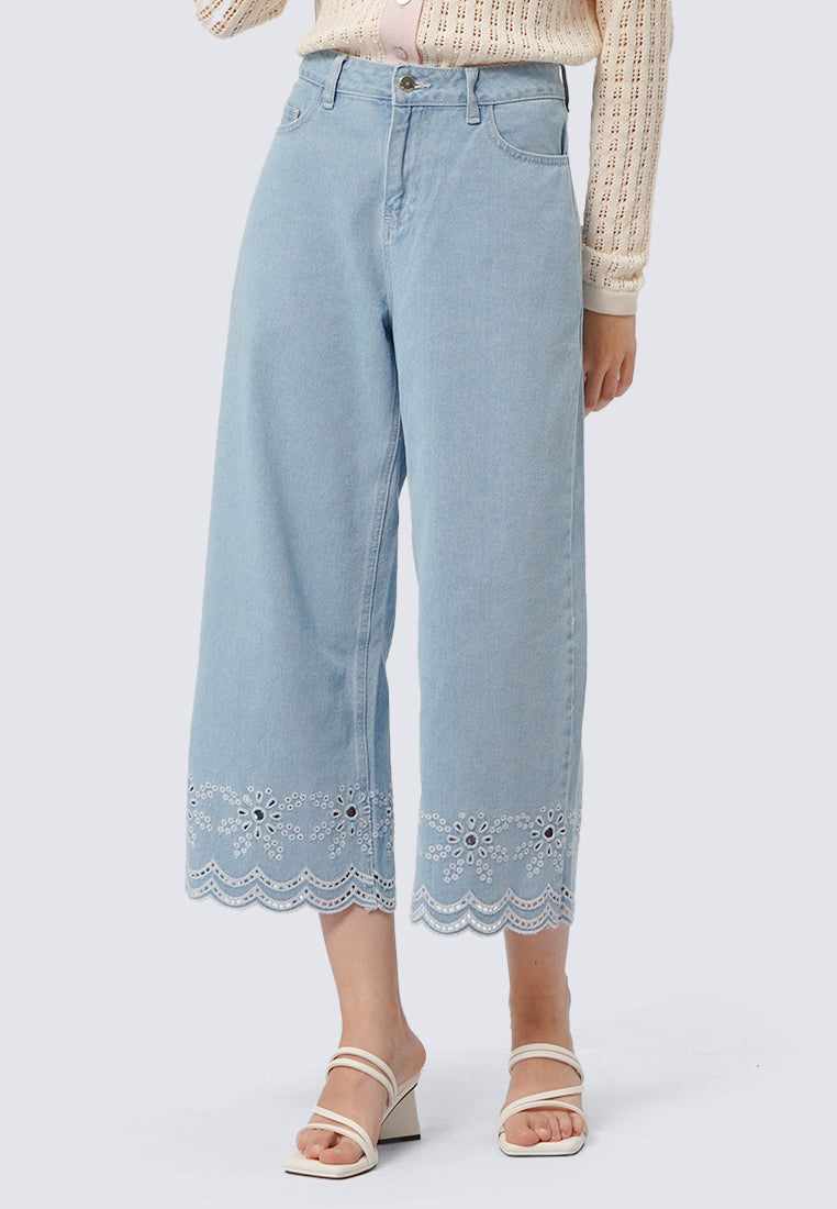 Loose Denim Pants with Eyelet Details