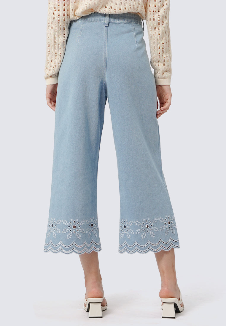 Loose Denim Pants with Eyelet Details