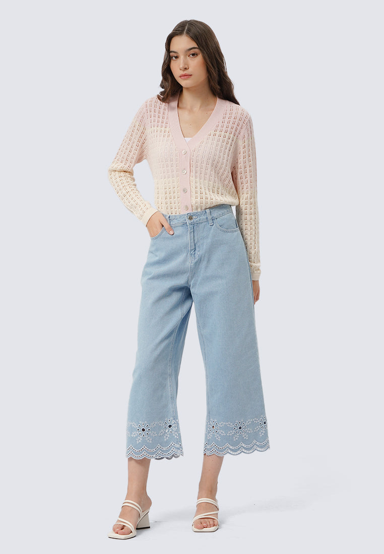 Loose Denim Pants with Eyelet Details