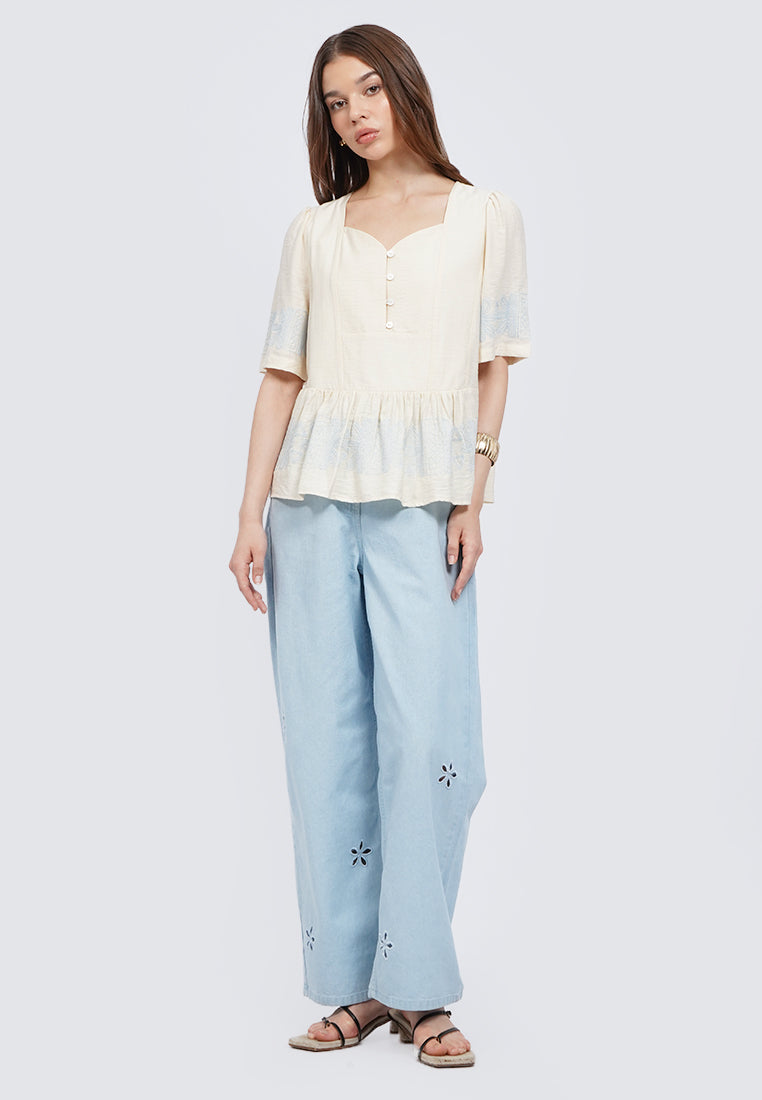 Embroidered Straight Denim Pants