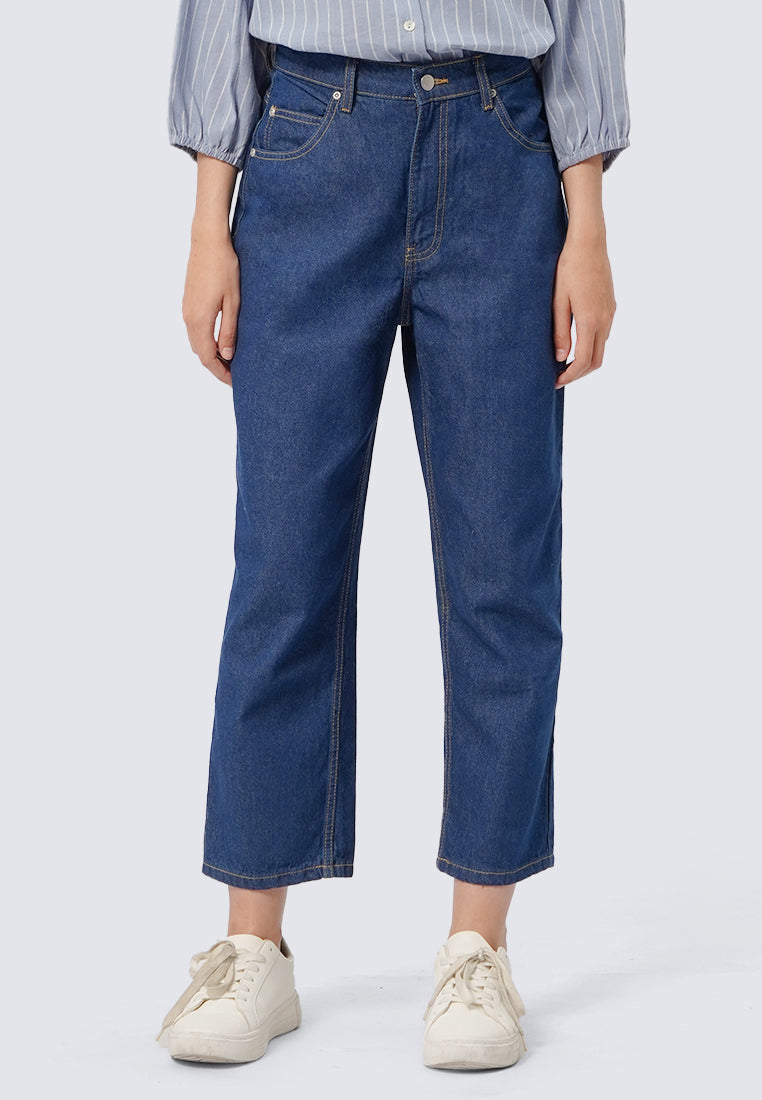 High Waist Denim Pants with Leather Pocket