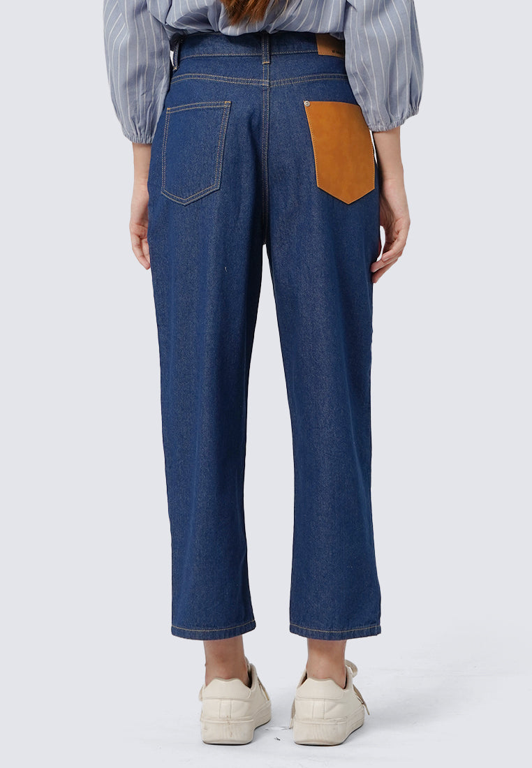 High Waist Denim Pants with Leather Pocket