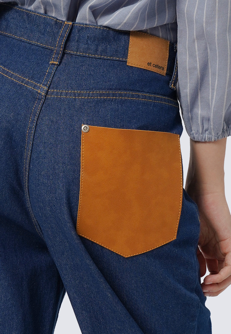High Waist Denim Pants with Leather Pocket