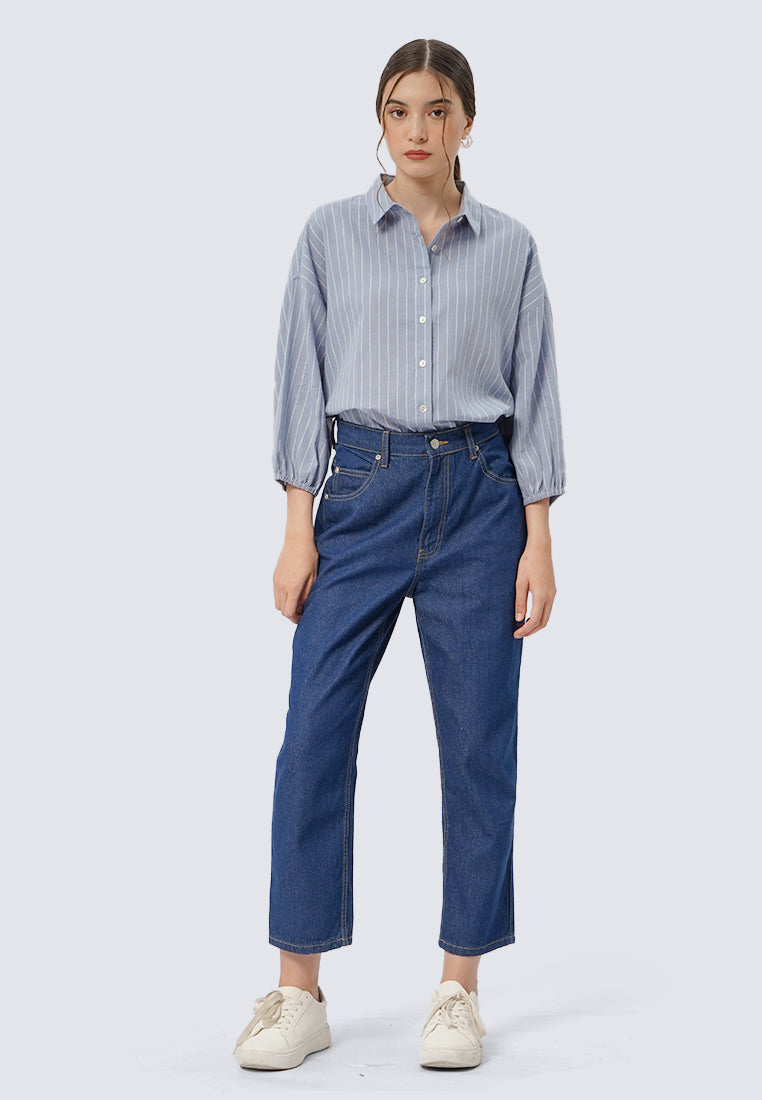 High Waist Denim Pants with Leather Pocket
