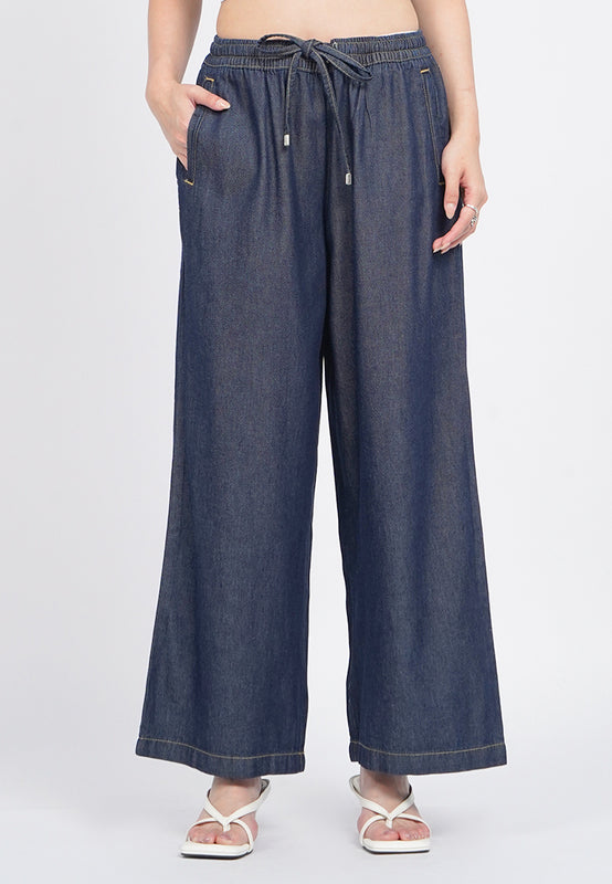 Wide Leg Denim Pants with Drawstring