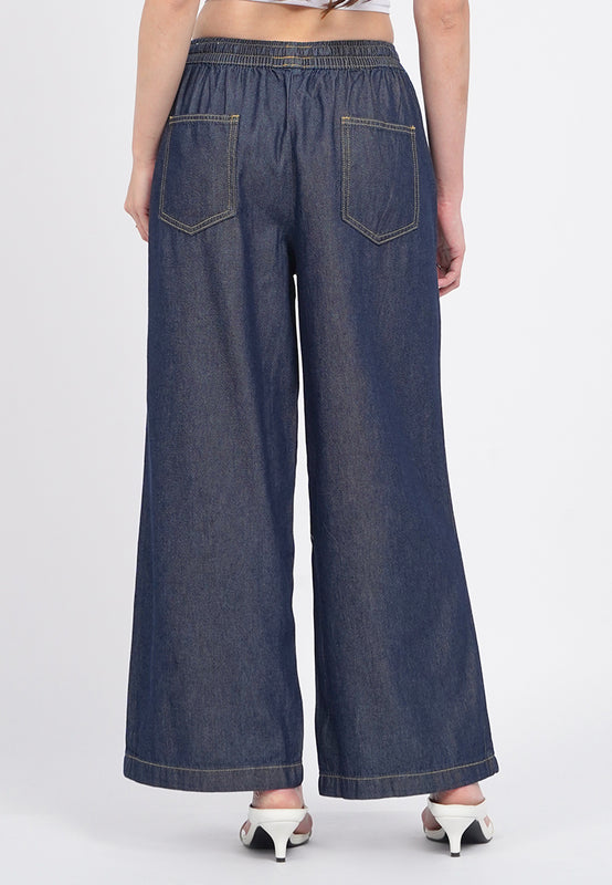 Wide Leg Denim Pants with Drawstring