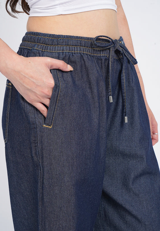 Wide Leg Denim Pants with Drawstring