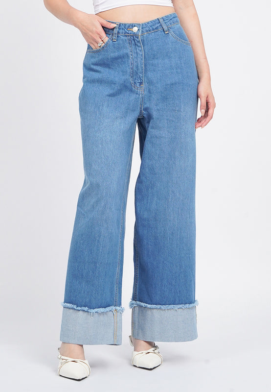 Cuffed Hem Denim Pants