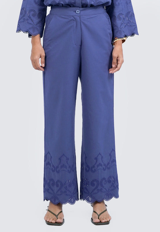 Embroidered Pants with Scallop Hem