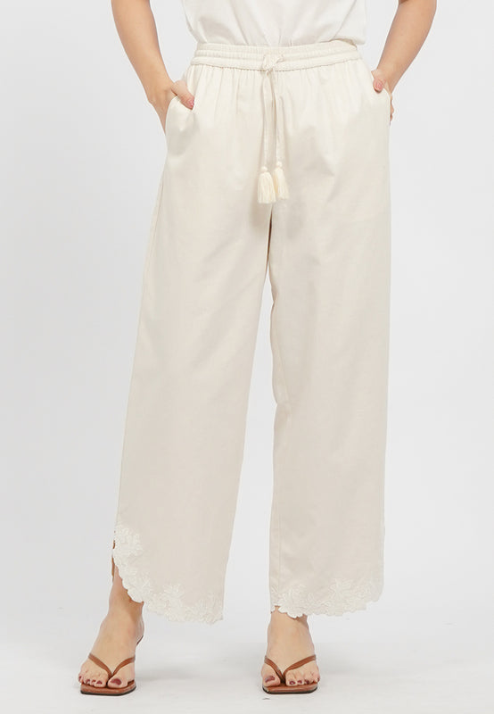 Embroidered Hem Linen Blend Pants