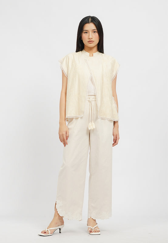 Embroidered Hem Linen Blend Pants