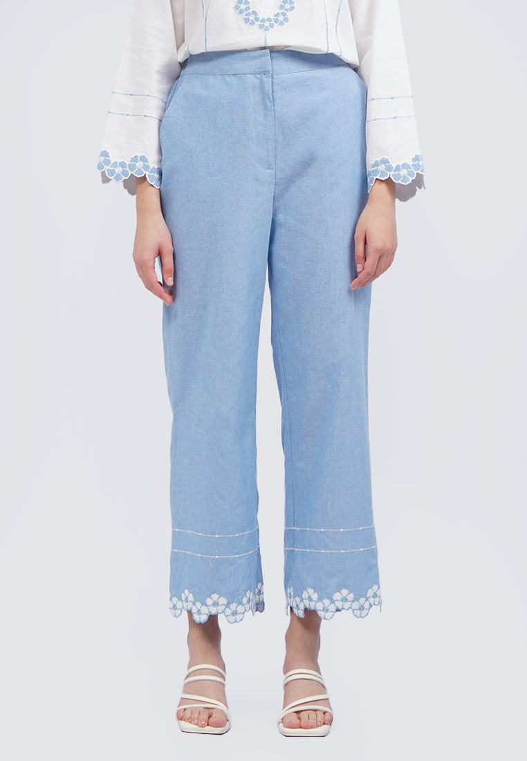 Embroidered Hem Linen Blend Pants