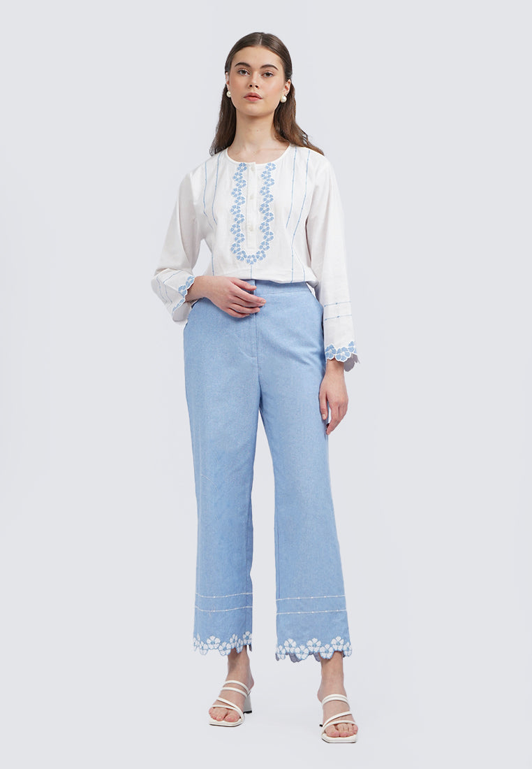 Embroidered Hem Linen Blend Pants